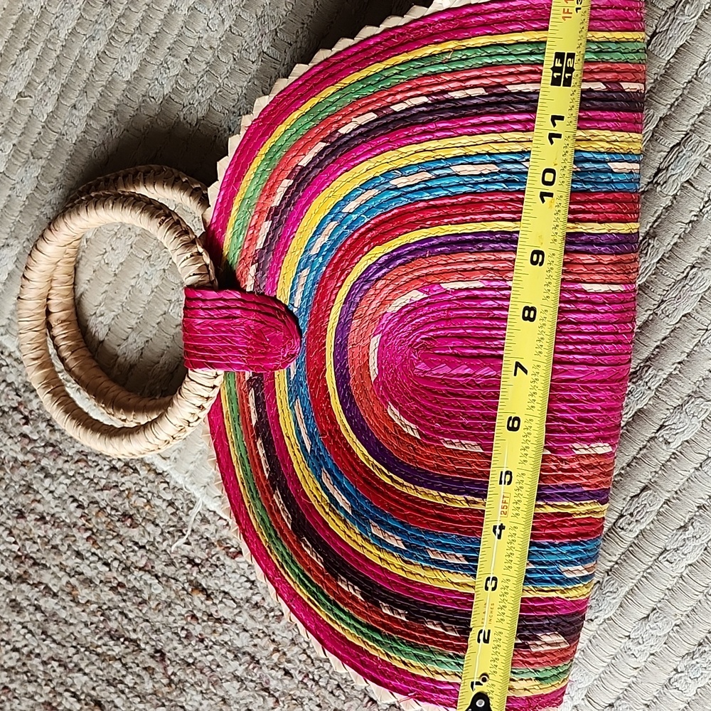 Hand-Painted Rainbow Palm Straw Bag: Half Circle Beach Tote - Picture 6 of 7